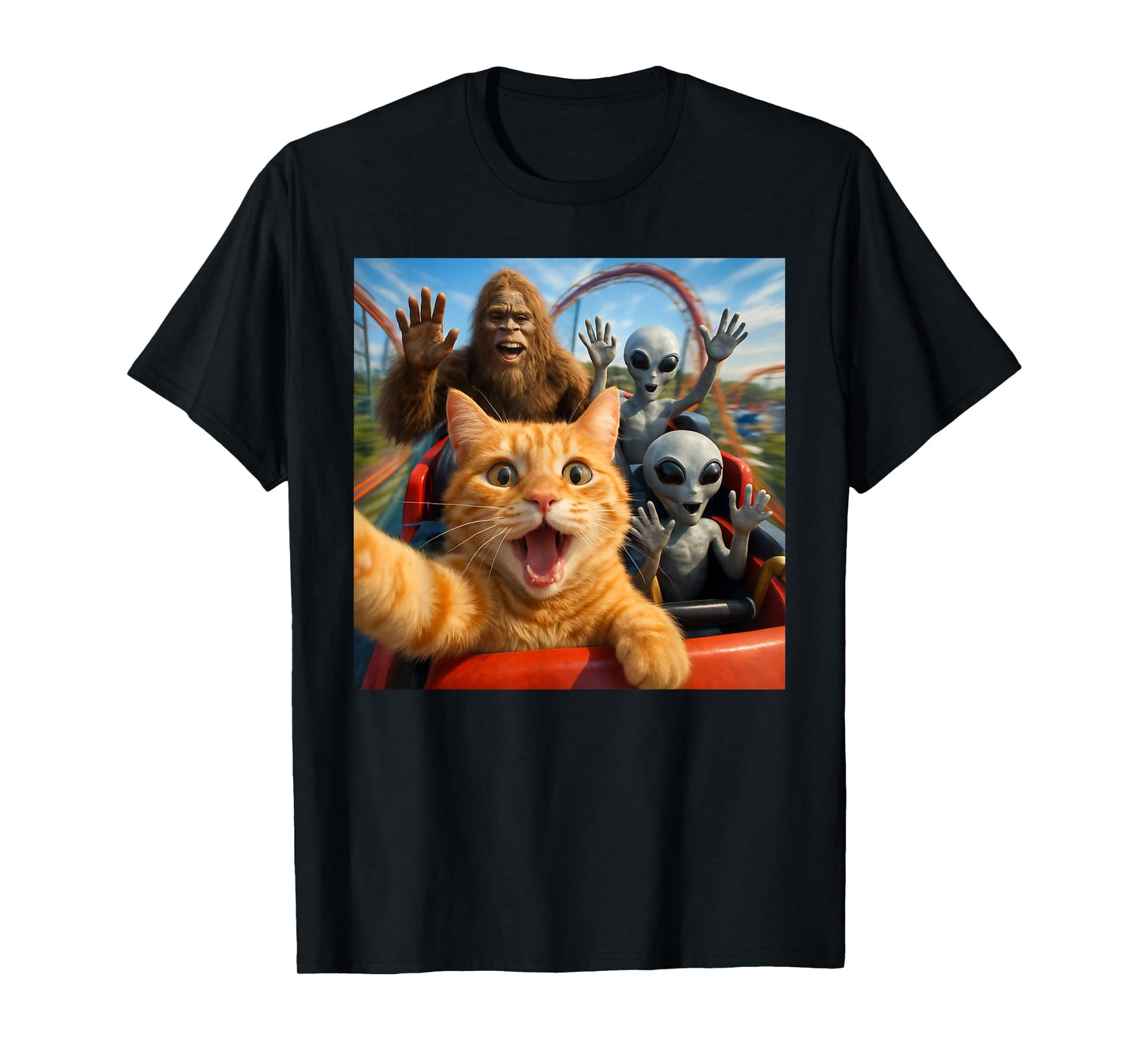 Funny Cat Selfie with Big Foot & Alien Roller Coaster Meme T-Shirt