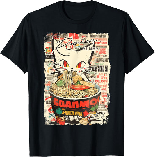 Ramen Noodles Cat Japan Y2K Kawaii Retro Cats Manga Anime T-Shirt