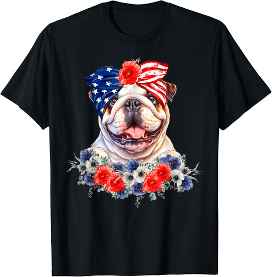 English Bulldog Dog Bandana American Flag 4th Of July T-Shirt