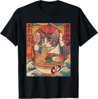 Cat Eating Ramen Noodles Kawaii Anime Cat Japanese Food T-Shirt