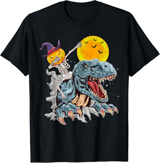 Skeleton Dabbing on Dinosaur Halloween Pumpkin Adventure T-Shirt