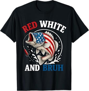 Boys Fishing Red White and Bruh American Flag Fishing Kids T-Shirt