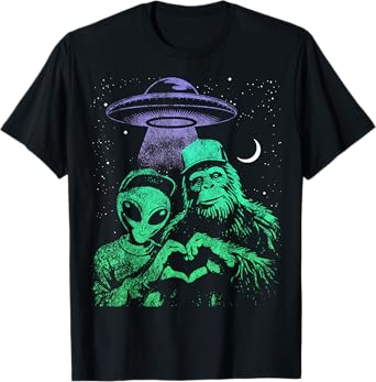 Bigfoot And Alien Tees Funny Sasquatch Love Hand Sign T-Shirt