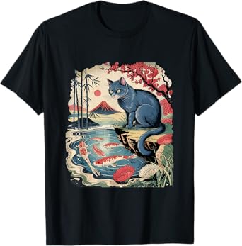 Russian Blue Cat Koi Fish Pond Japanese Ukiyo-e Woodblock T-Shirt for Men Women Kids