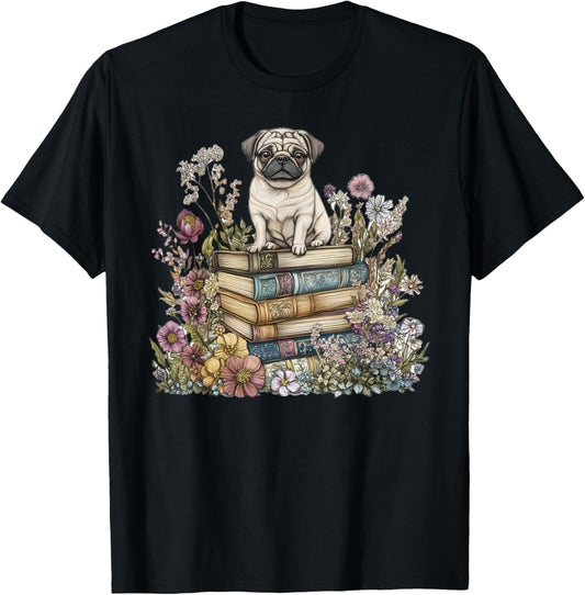 Cottagecore Aesthetic Floral Dog Pug Books T-Shirt