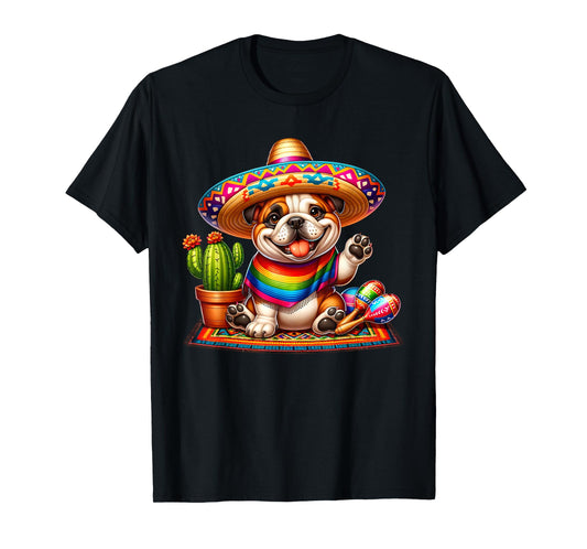 Funny Cute Bulldog Saying Hi Cinco De Mayo Sombrero Maracas T-Shirt for Men Women Kids