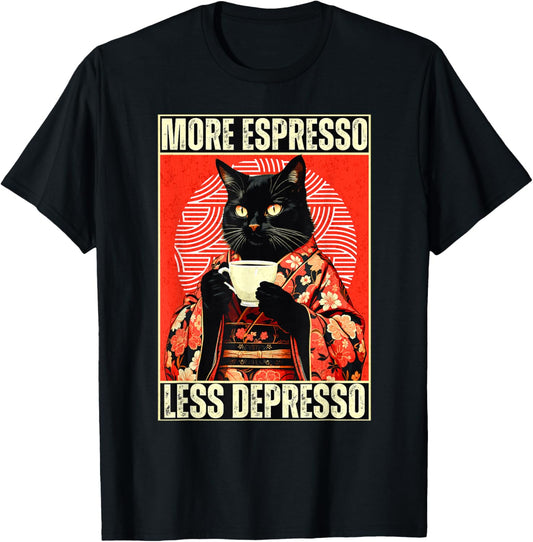 More Espresso Less Depresso Kimono Cat Japanese Art T-Shirt