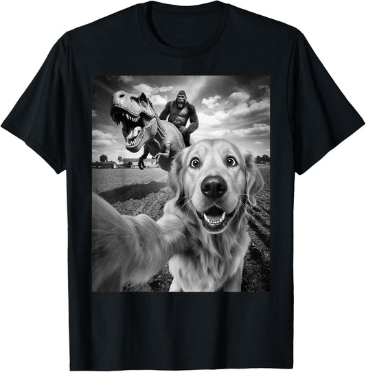 Golden Retriever Selfie Bigfoot Riding T-rex Dinosaur Funny T-Shirt