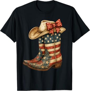 Retro Western Cowboy Boots Cowgirl American Flag 4th Of July T-Shirt