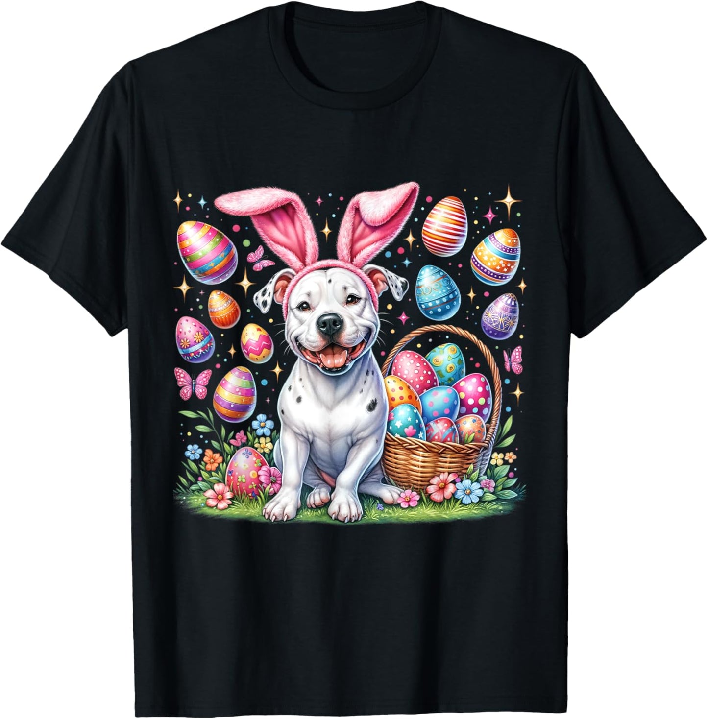 Cute Bunny Pitbull Dog Easter Eggs Basket Easter Day Delight T-Shirt