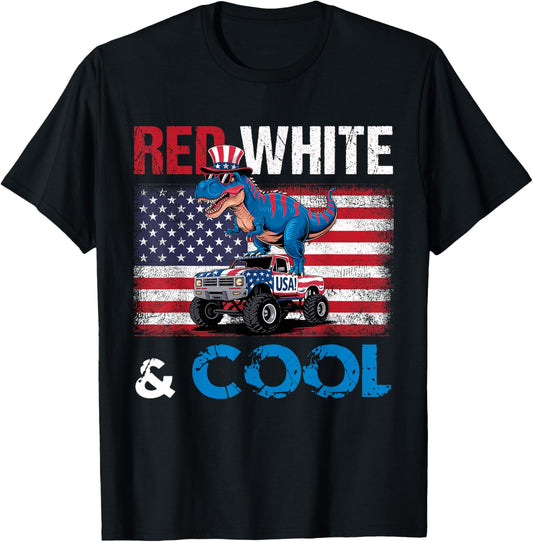 T Rex Dino Riding Monster Truck American Flag 4th of July T-Shirt