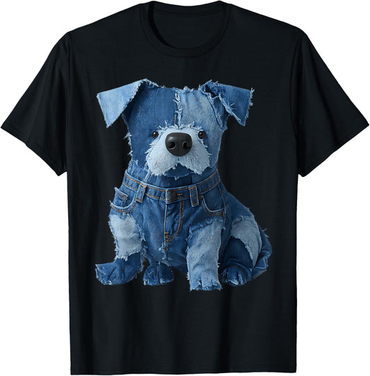 Funny Dogs with Denim Patchwork ART T-Shirt