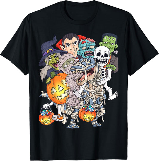 Halloween Skeleton Zombie Riding Mummy T Rex Funny Pumpkin T-Shirt