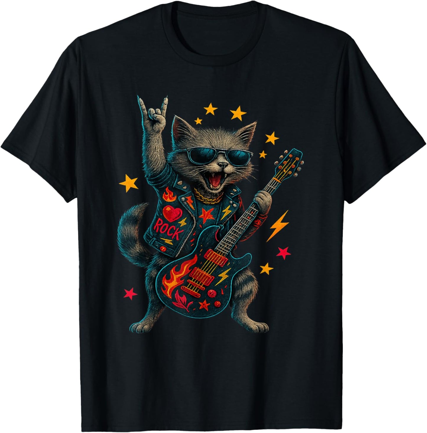 Retro Cat Rock Music Gifts Men Kids Women Funny Cat Guitar T-Shirt