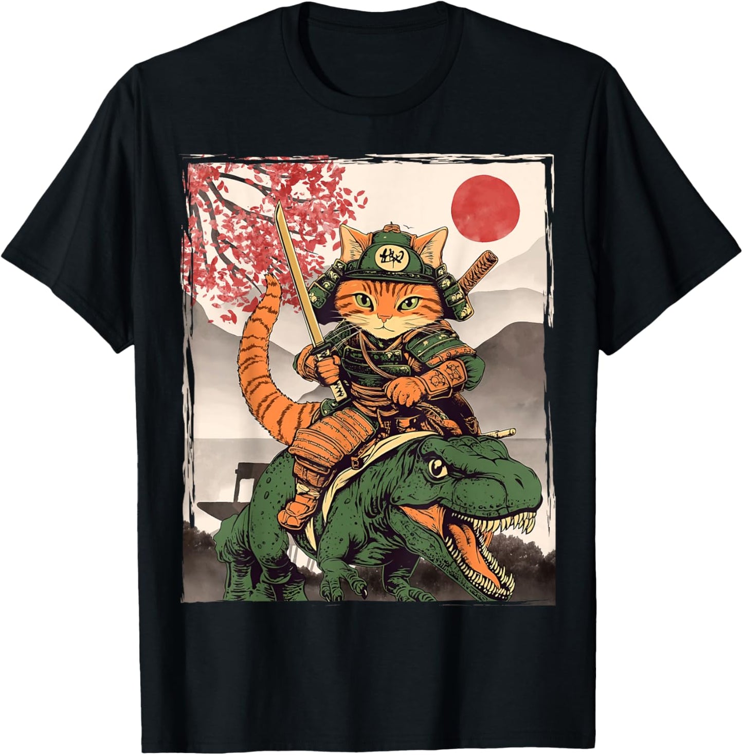 Japanese Ninja Art and Japan Samurai Cat with T-Rex T-Shirt
