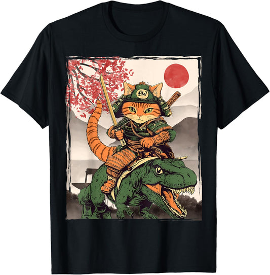 Japanese Ninja Art and Japan Samurai Cat with T-Rex T-Shirt