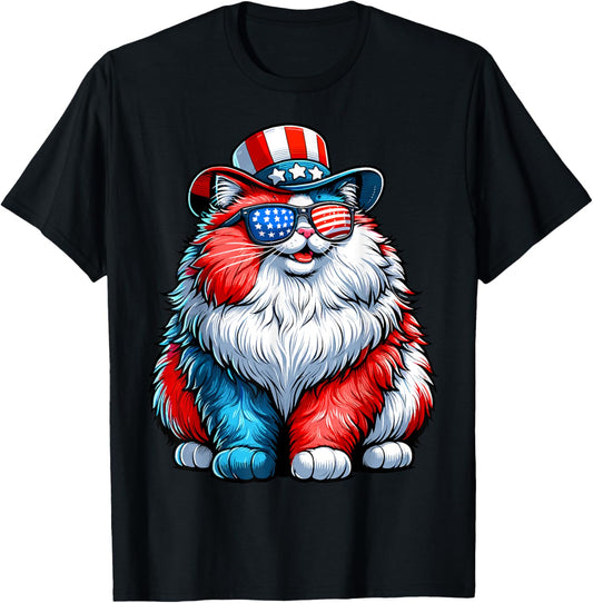 Cat USA Flag Patriotic 4th of July Cute Cat Lover Women Men T-Shirt