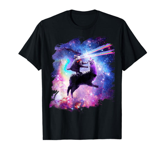 Laser Eyes Outer Space Cat Riding On Llama Unicorn T-Shirt