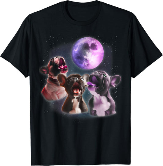 3 French Bulldog Howling At The Moon Funny Frenchie Dog Pet T-Shirt