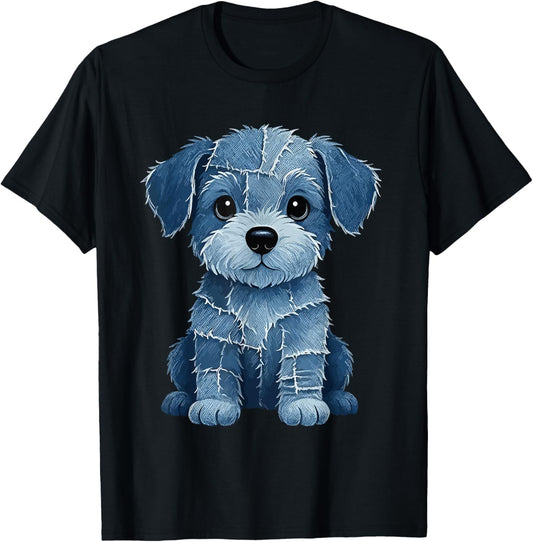 retro funny denim patch animal dog print T-Shirt