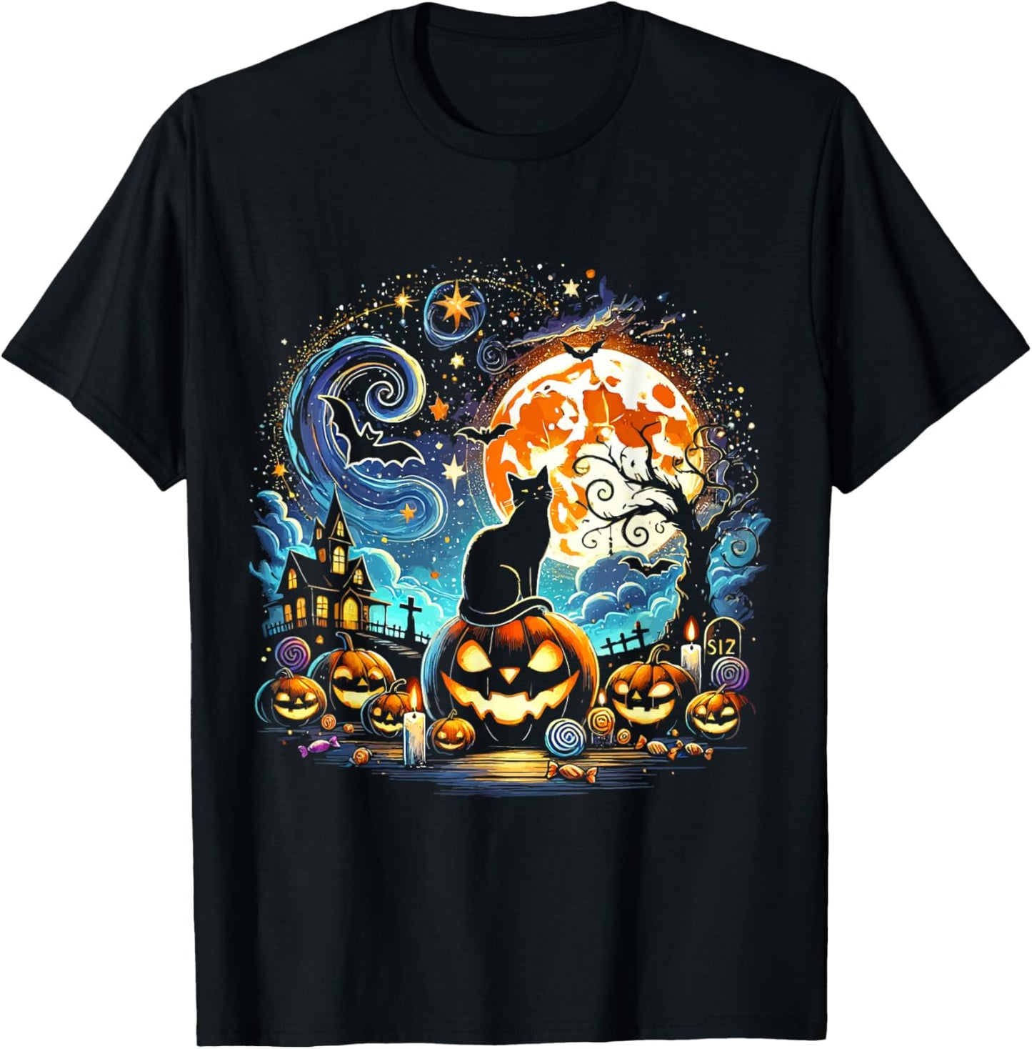 Van Gogh Starry Night Halloween 2024 Black Cat Pumpkins Bats T-Shirt