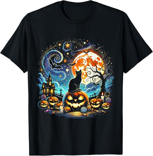 Van Gogh Starry Night Halloween 2024 Black Cat Pumpkins Bats T-Shirt