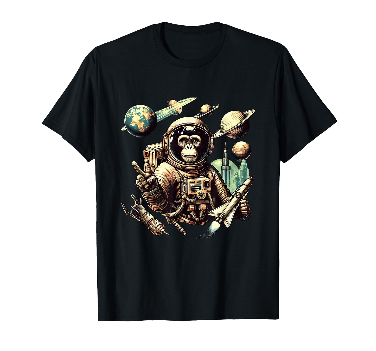 Space Vintage Travel Astronaut Monkey Holding Spaceship T-Shirt
