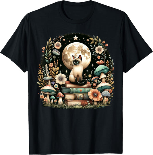 Floral Womens Cottagecore Siamese cat Lover T-Shirt