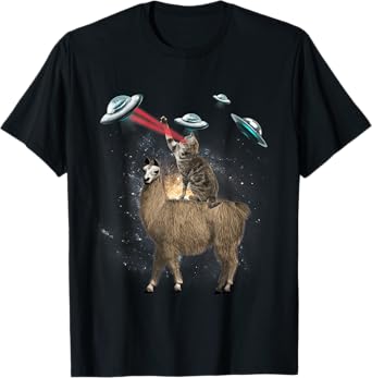 Space Cat Riding Llama Laser Eyes UFO Funny Cat Lover Men Women Kids T-Shirt