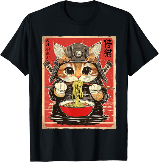 Japanese Samurai Ninja Cat Eating Ramen T-Shirt