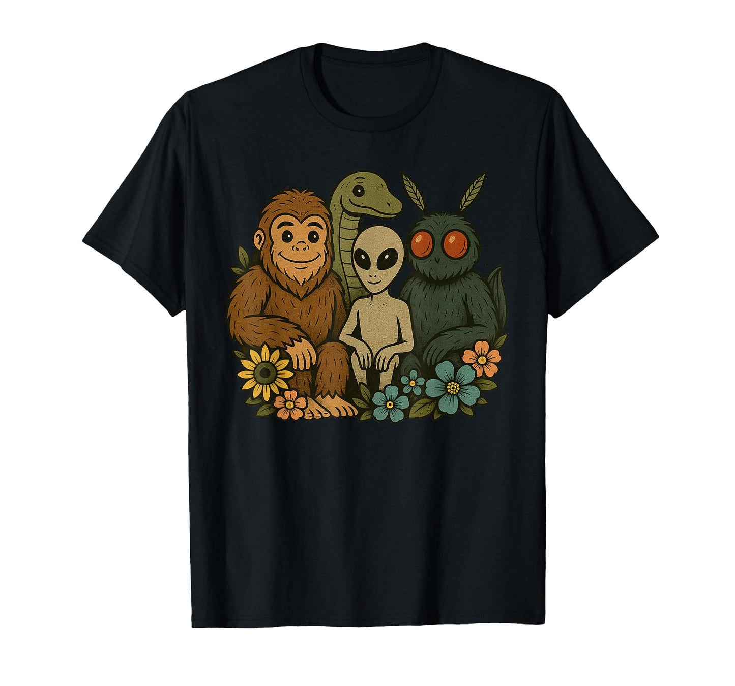 Funny Cryptid Bigfoot Loch Ness Monster Mothman And Aliens T-Shirt