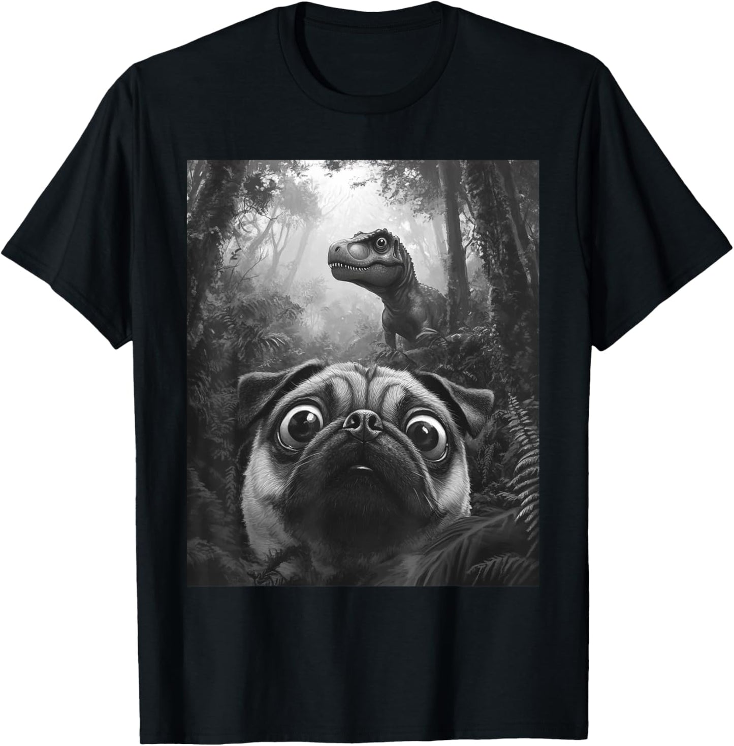Dog Pug Selfie With T-Rex Dinosaur Funny T-Shirt