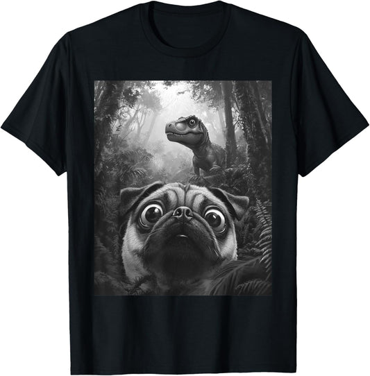 Dog Pug Selfie With T-Rex Dinosaur Funny T-Shirt