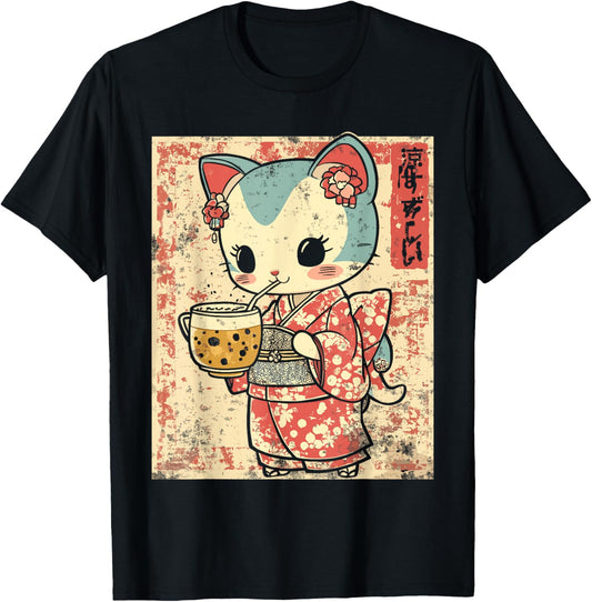 Vintage Kimono Cat Drinking Bubble Tea T-Shirt