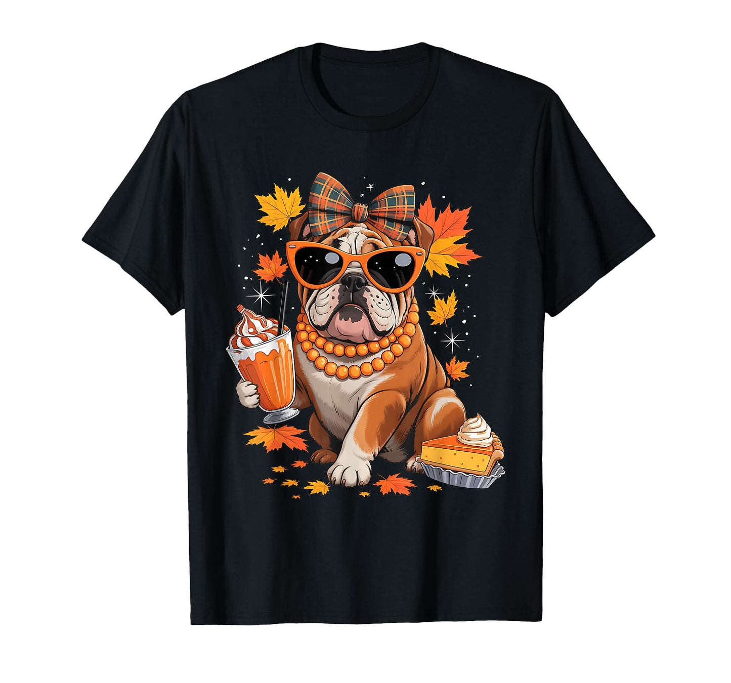 English Bulldog Bow Girls Fall Autumn Leaves Thanksgiving T-Shirt