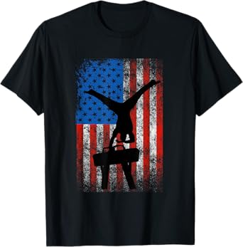 Boys Gymnastics Patriotic US Flag Pommel Horse Male Gymnast T-Shirt