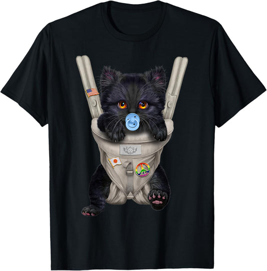 Fluffy Black Cat with Pacifier in Baby Carrier T-Shirt