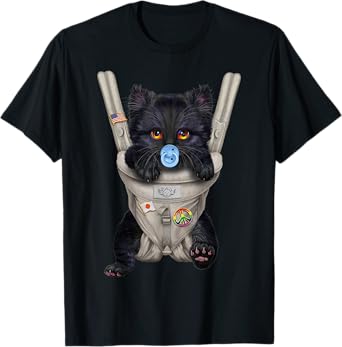 Fluffy Black Cat with Pacifier in Baby Carrier T-Shirt for Men Women Kids