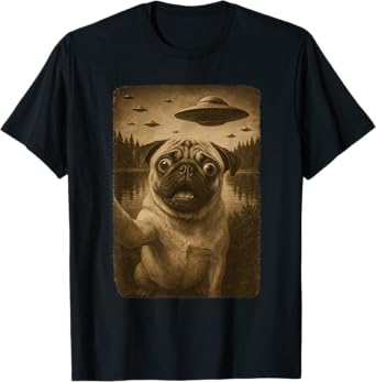 Funny Pug UFO Encounter Retro Selfie Dog Lover Gift T-Shirt for Men Women Kids