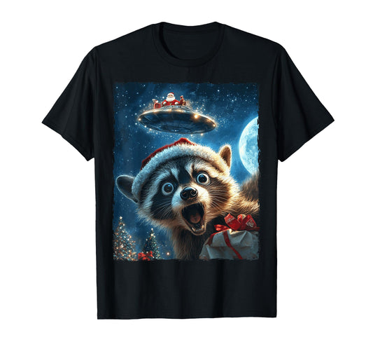 Funny Raccoon Selfie Santa Ufo Xmas Christmas T-Shirt