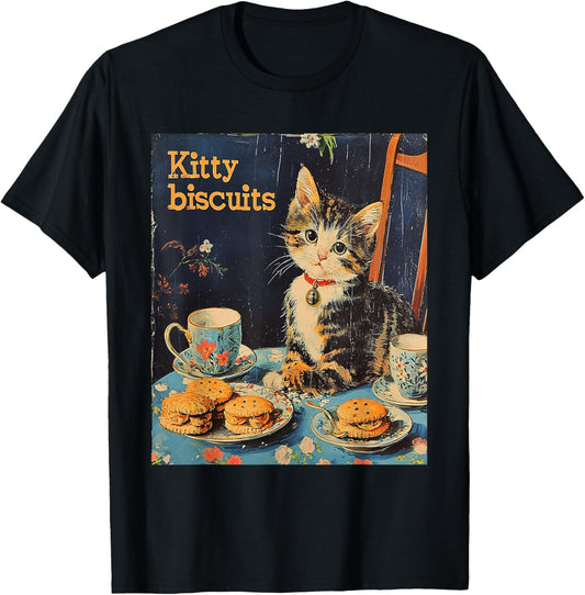 Vintage Kitty Making Biscuits Kneading Dough Happy Cat Art T-Shirt