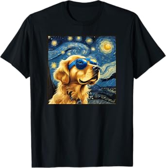 Van Gogh Starry Night Cute Dog Golden Retriever shirt T-Shirt