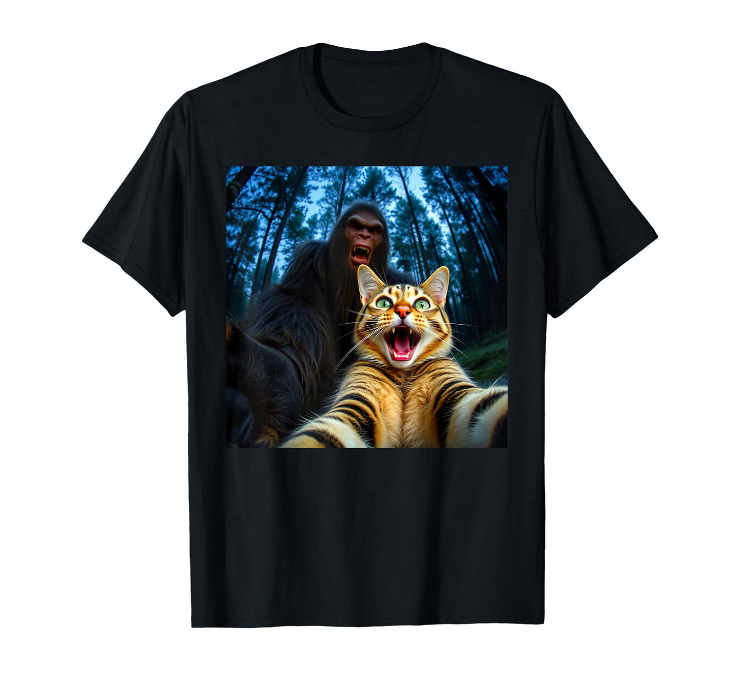 Funny Bigfoot With Cat Selfie Sasquatch For Men Women Kids T-Shirt