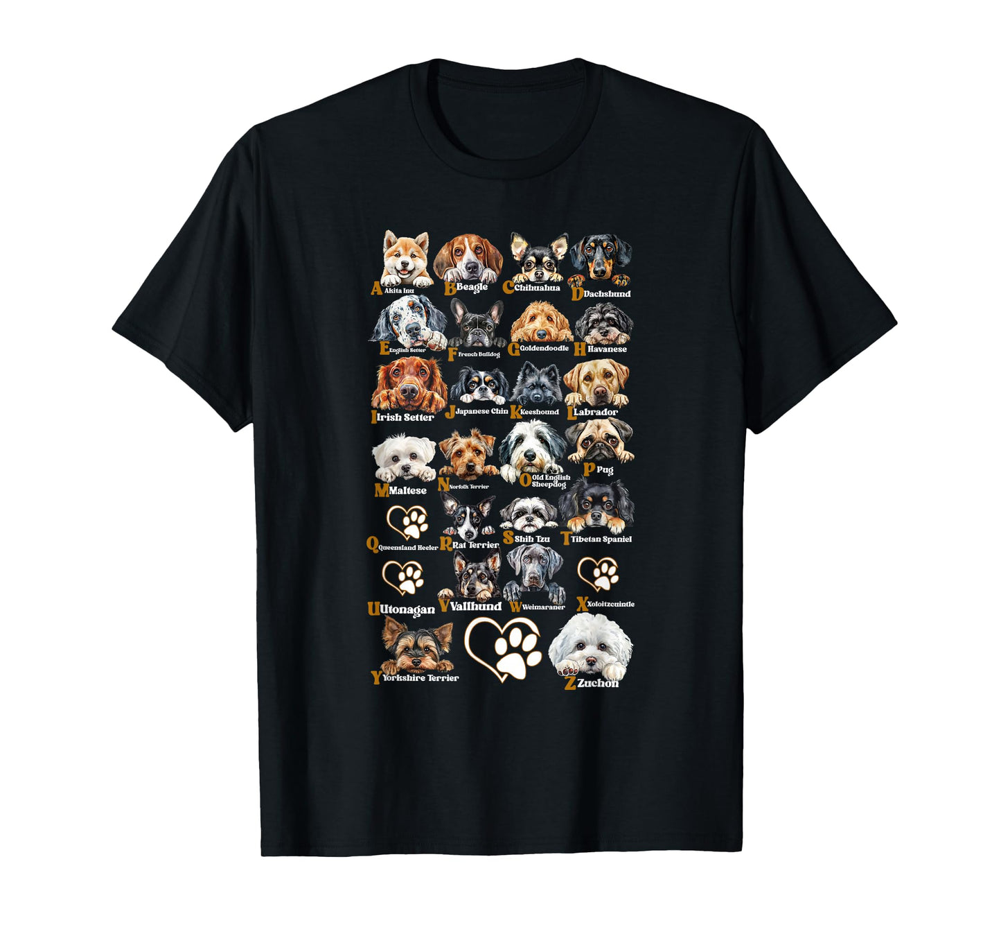 ABC Dog Breeds Identification A-Z Types of Dogs Canine T-Shirt