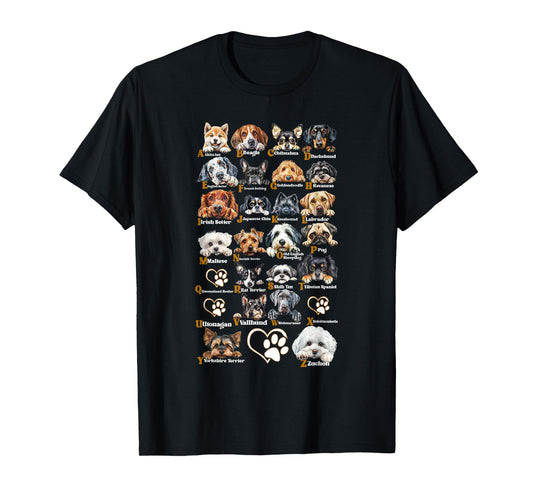ABC Dog Breeds Identification A-Z Types of Dogs Canine T-Shirt