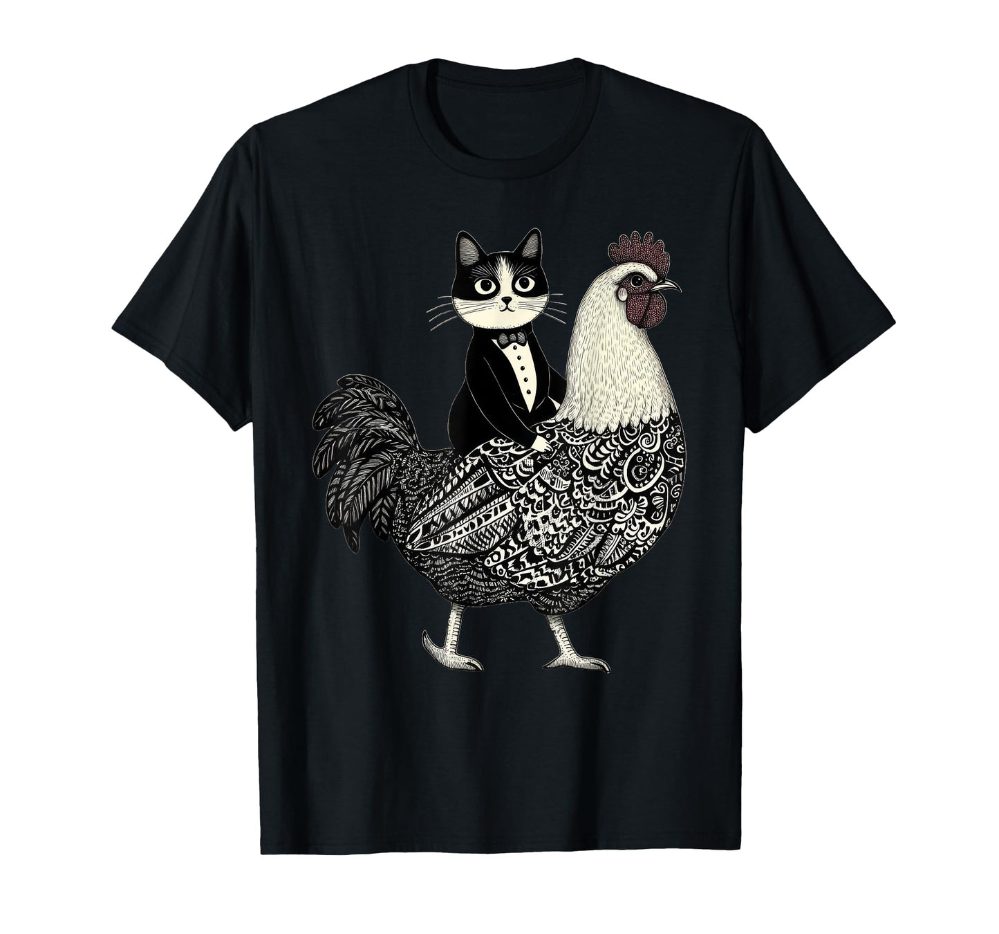 Funny Tuxedo Cat Riding Chicken Men Women Girls Kids T-Shirt