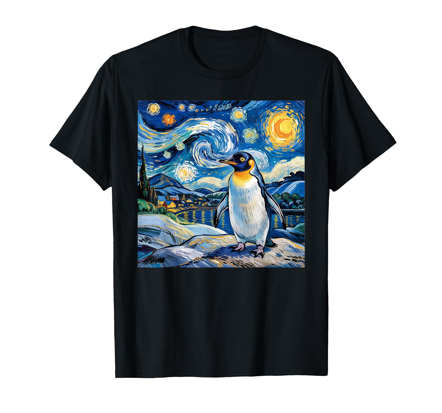 Penguin Starry Night Funny Penguin Art Van Gogh Style T-Shirt