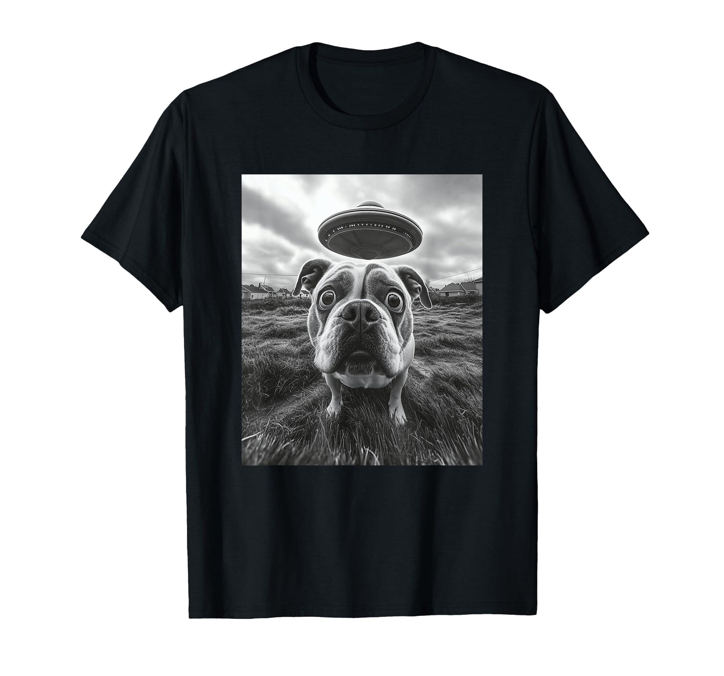 English Bulldog with UFO Graphic T-Shirt – Hilarious Dog Tee Men Women Kids T-Shirt