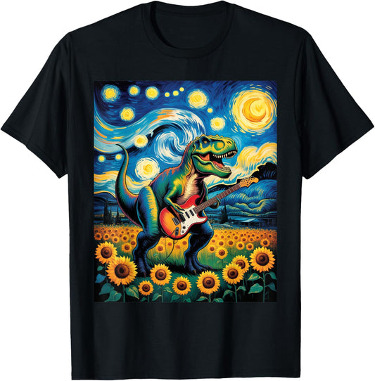 Dinosaur Starry Night Van Gogh Rock T Rex Playing Guitar T-Shirt