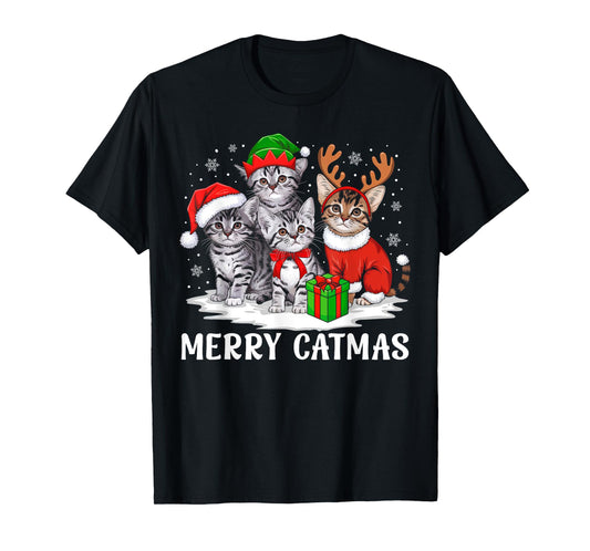Merry Catmas Cat Christmas Light Xmas Family Men Women Kids T-Shirt